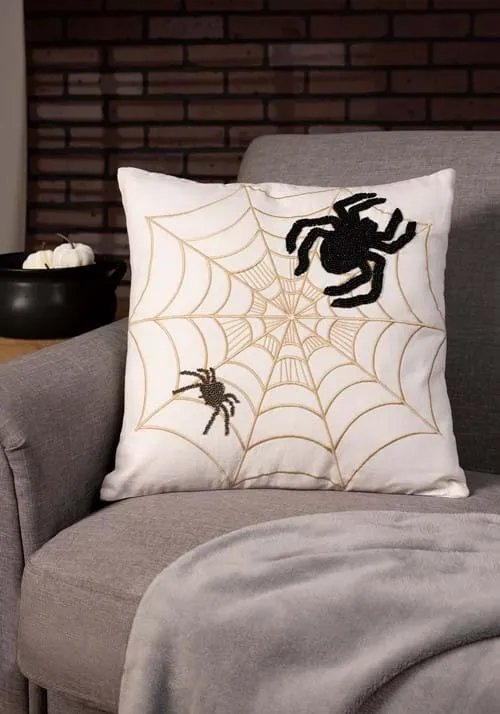 18-Inch Embroidered Spiders and Web Pillow | Spider Decorations