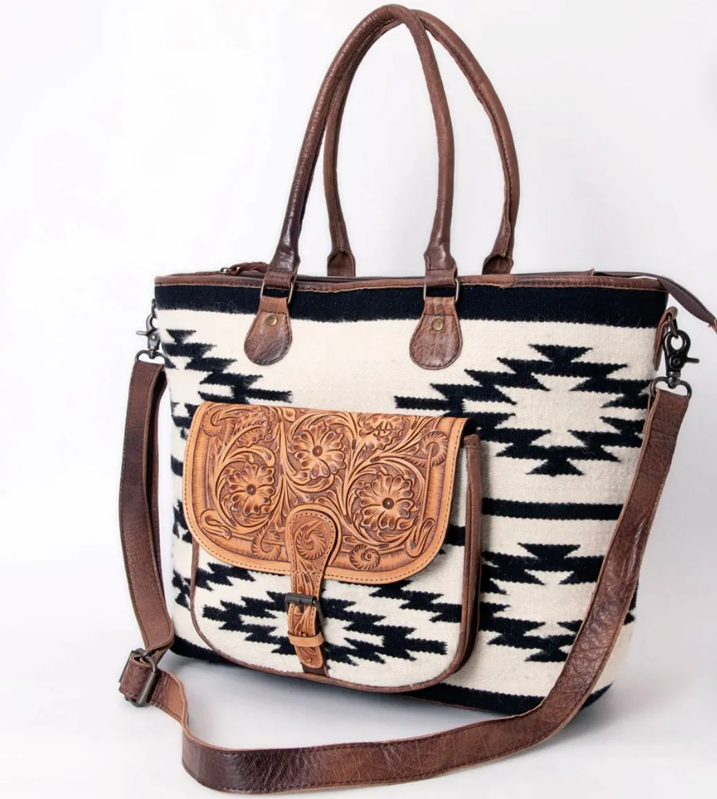 American Darling White & Black Hand Tooled Saddle Blanket Tote