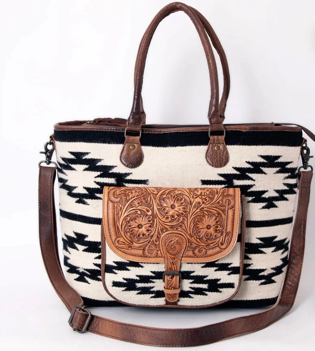 American Darling White & Black Hand Tooled Saddle Blanket Tote