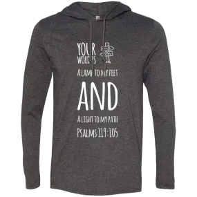 Bible Verse Men Long Sleeve T-Shirt Hoodie - Your Word Is Light To My Path ~Psalm 119:105~ Design 19 (White Font)