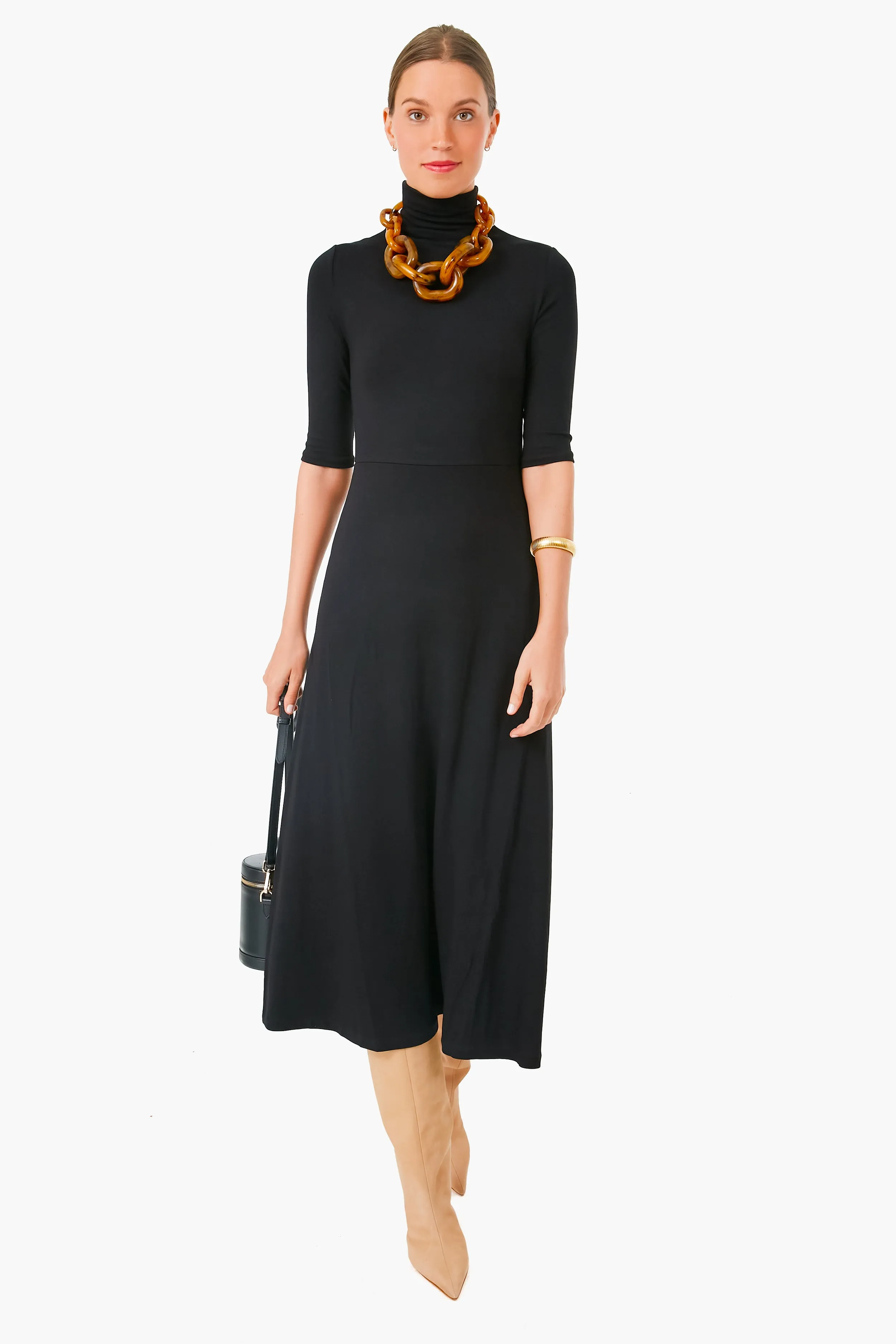 Black Elbow Sleeve Turtleneck Dress