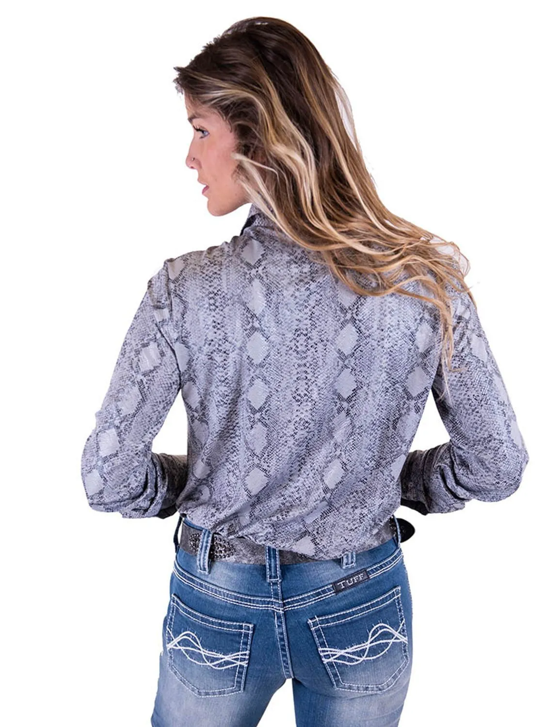 Cowgirl Tuff Womens Snakeskin Pullover Gray Polyester L/S Shirt