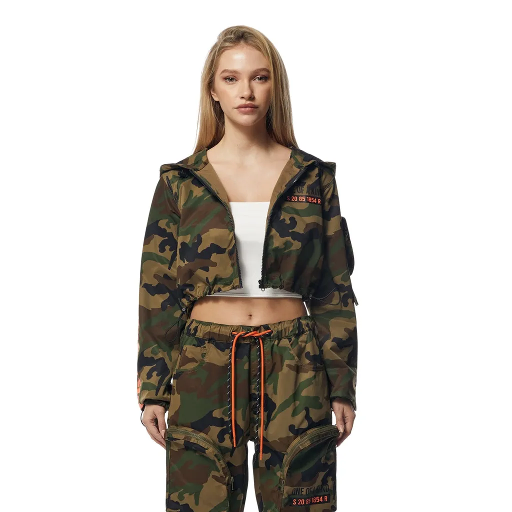 Cropped Windbreaker Full Zip Jacket - Wood Camo