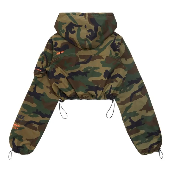 Cropped Windbreaker Full Zip Jacket - Wood Camo