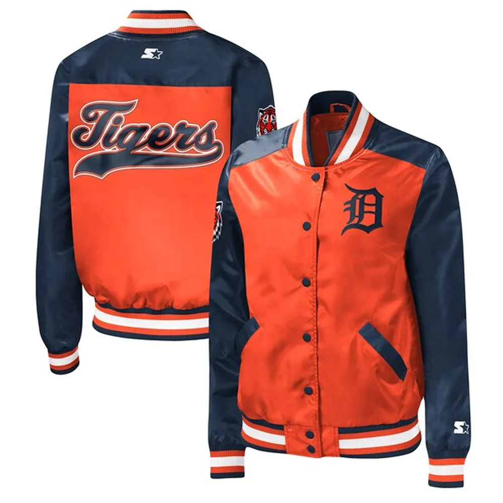 Detroit Tigers Orange and Navy Blue Satin Full-Snap Jacket