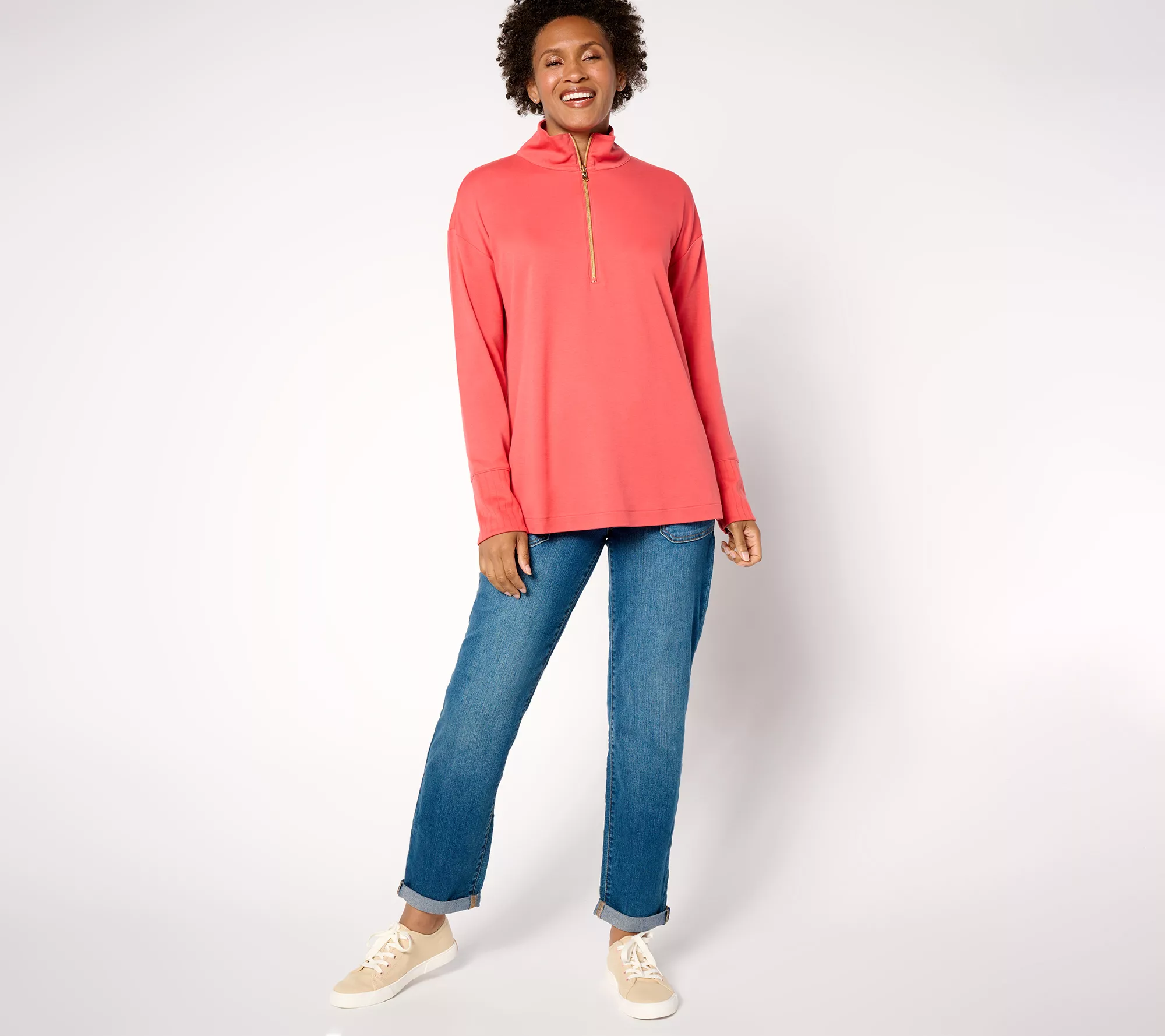 Isaac Mizrahi Live! Petite Essentials Pima Cotton Quarter Zip Pullover