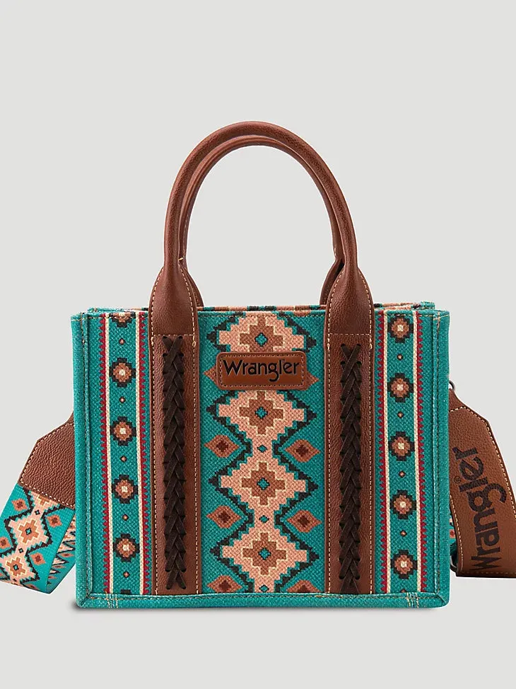 SOUTHWESTERN PRINT CROSS BODY CANVAS MINI TOTE IN TURQUOISE