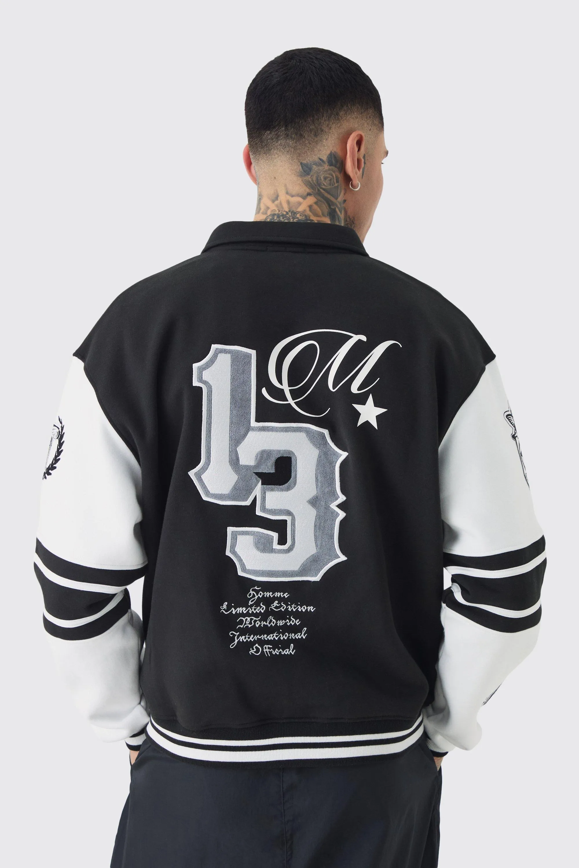 Tall Boxy 13 Applique Jersey Varsity Harrington Jacket | boohooMAN UK