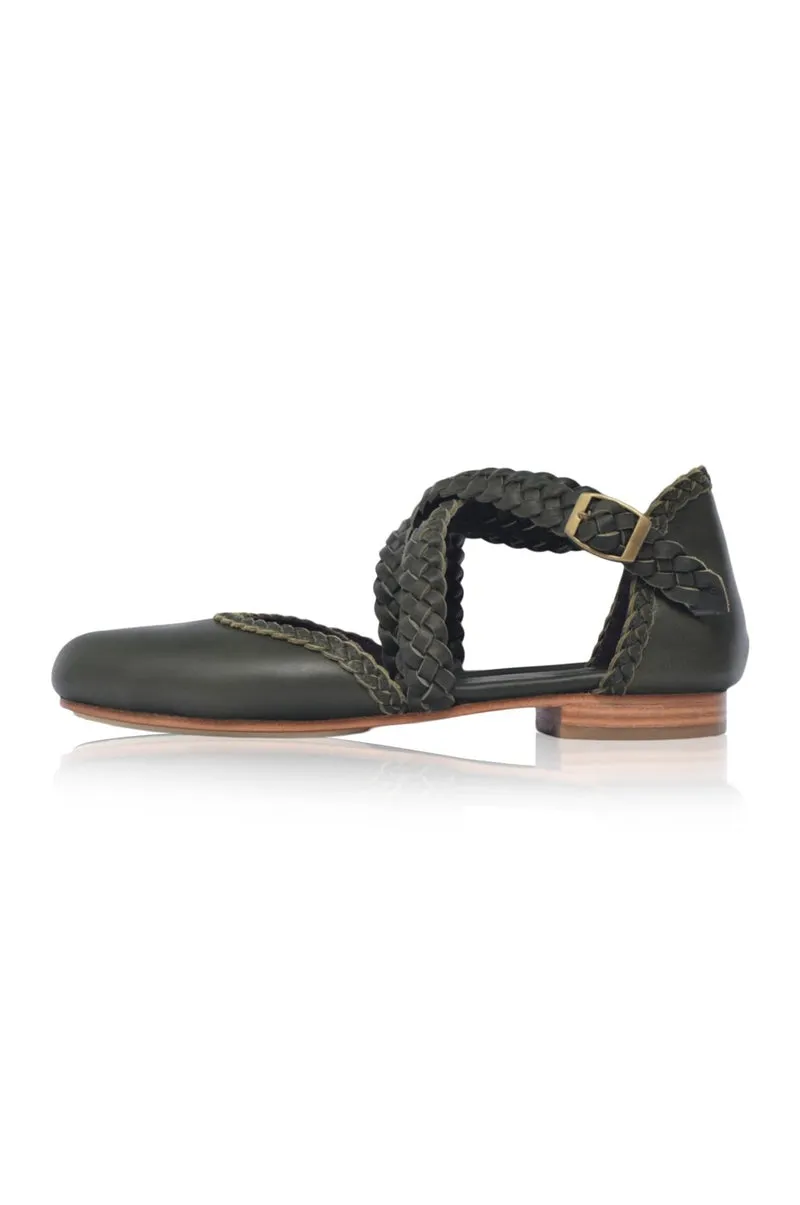 Tallulah Braided Leather Flats in Dark Brown