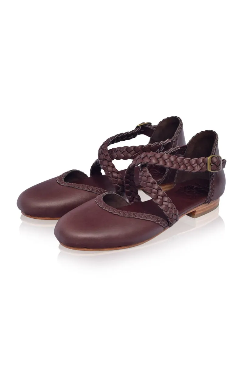 Tallulah Braided Leather Flats in Dark Brown