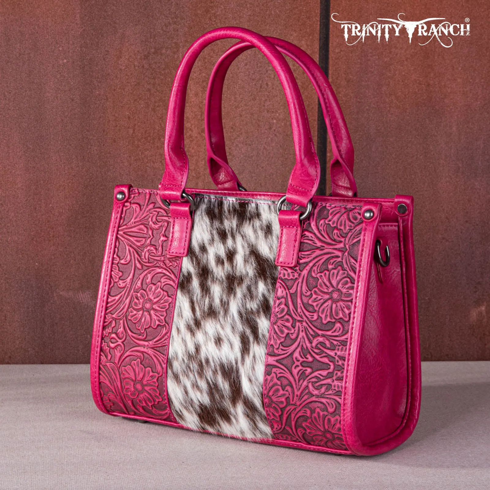 TR164-8250  Trinity Ranch Hair On Cowhide Tooling Concealed Carry Tote/Crossbody