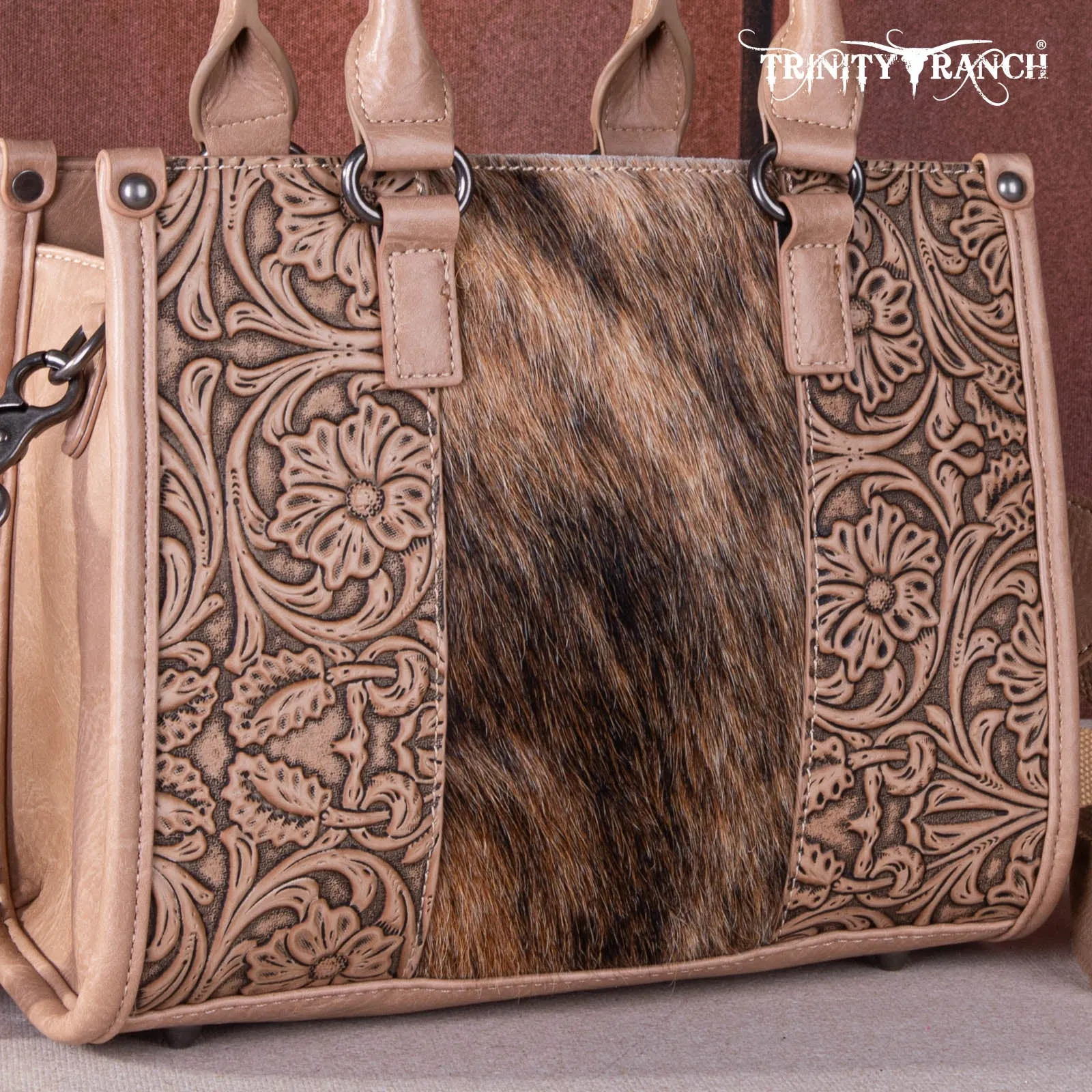 TR164-8250  Trinity Ranch Hair On Cowhide Tooling Concealed Carry Tote/Crossbody