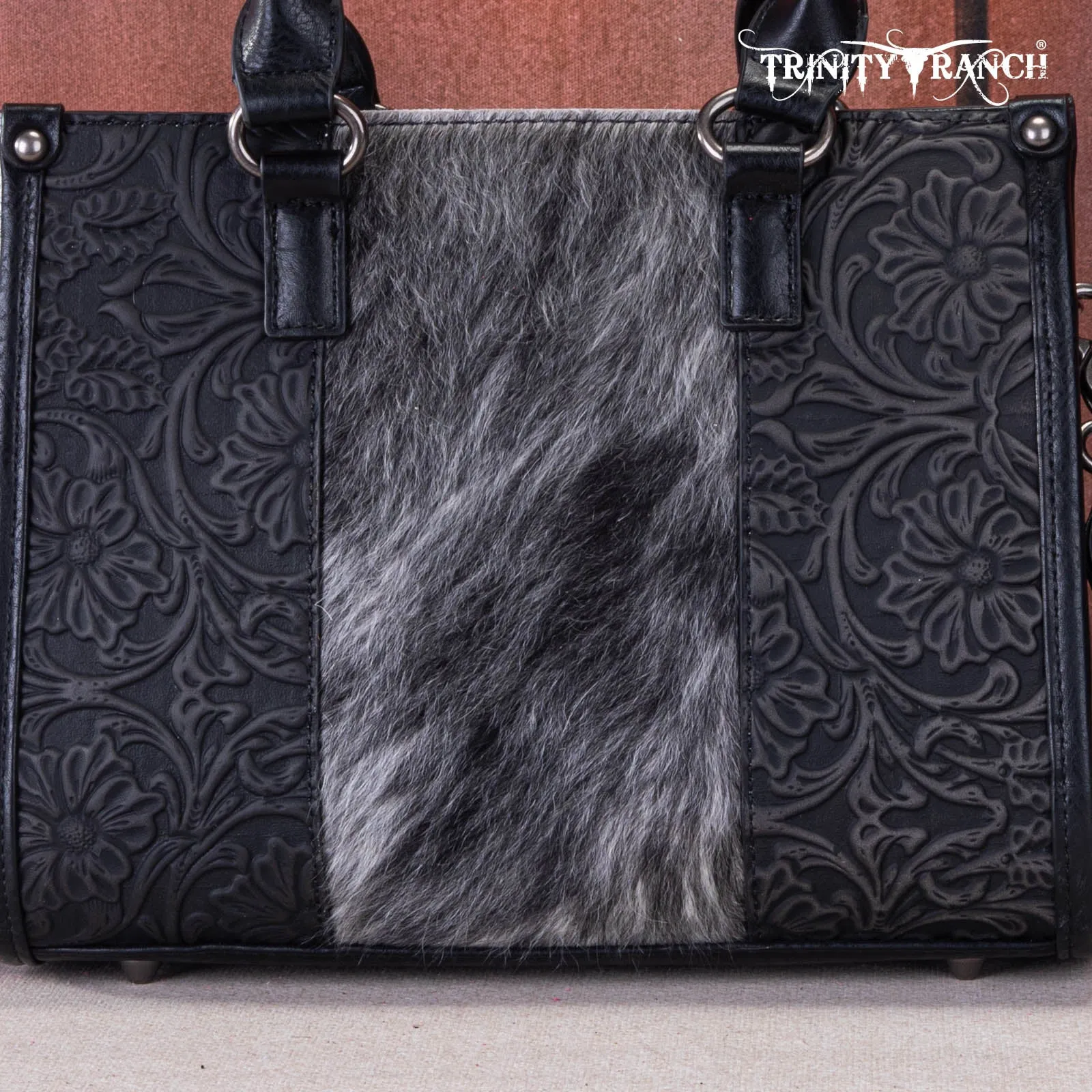 TR164-8250  Trinity Ranch Hair On Cowhide Tooling Concealed Carry Tote/Crossbody