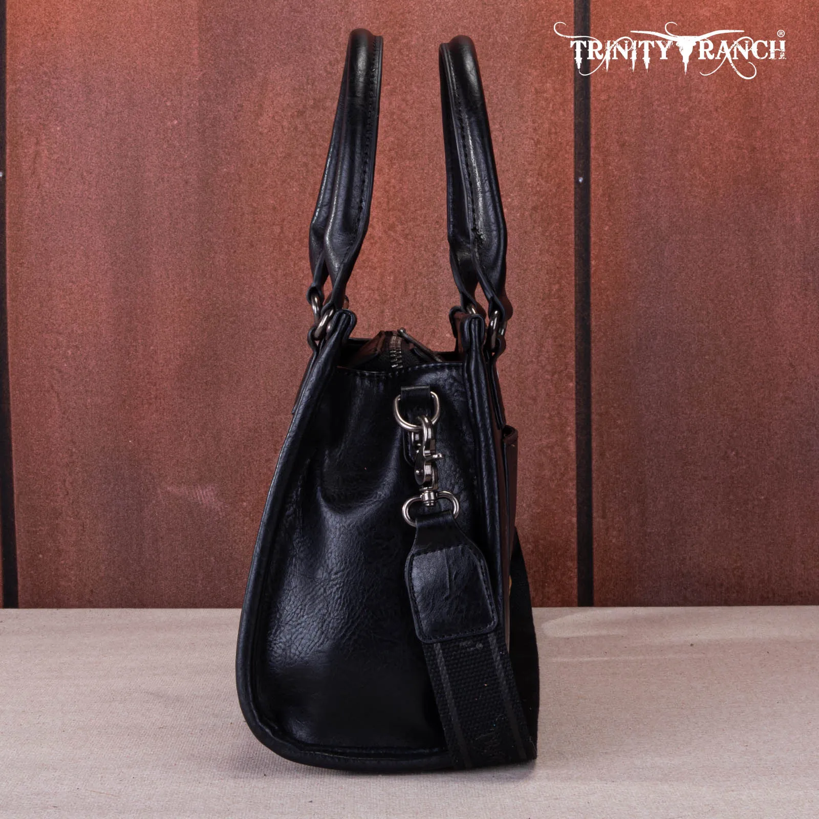 TR164-8250  Trinity Ranch Hair On Cowhide Tooling Concealed Carry Tote/Crossbody