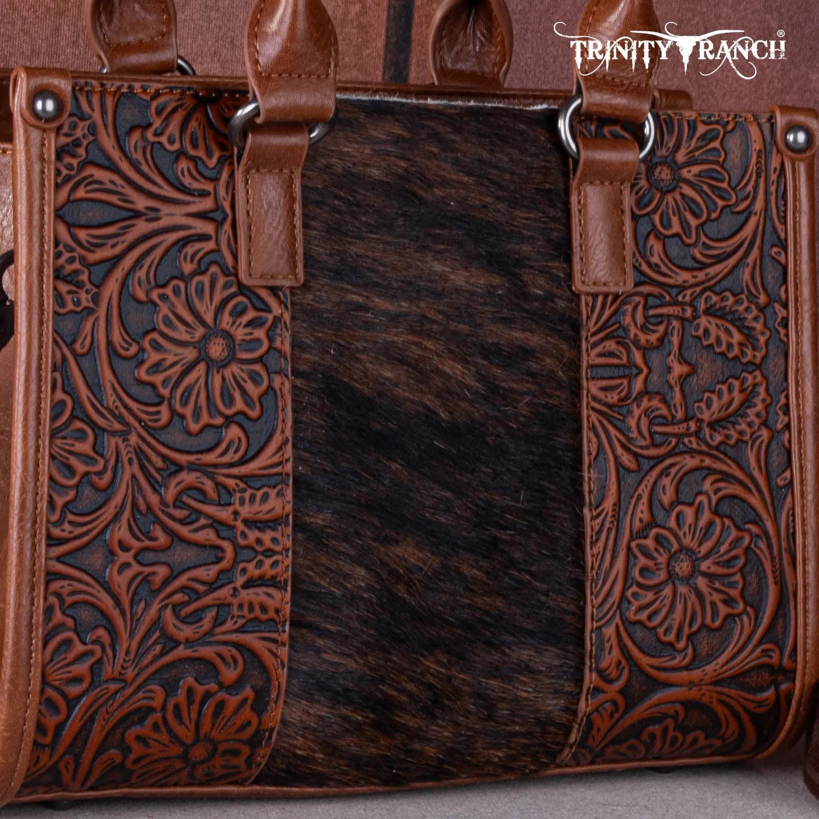 TR164-8250  Trinity Ranch Hair On Cowhide Tooling Concealed Carry Tote/Crossbody