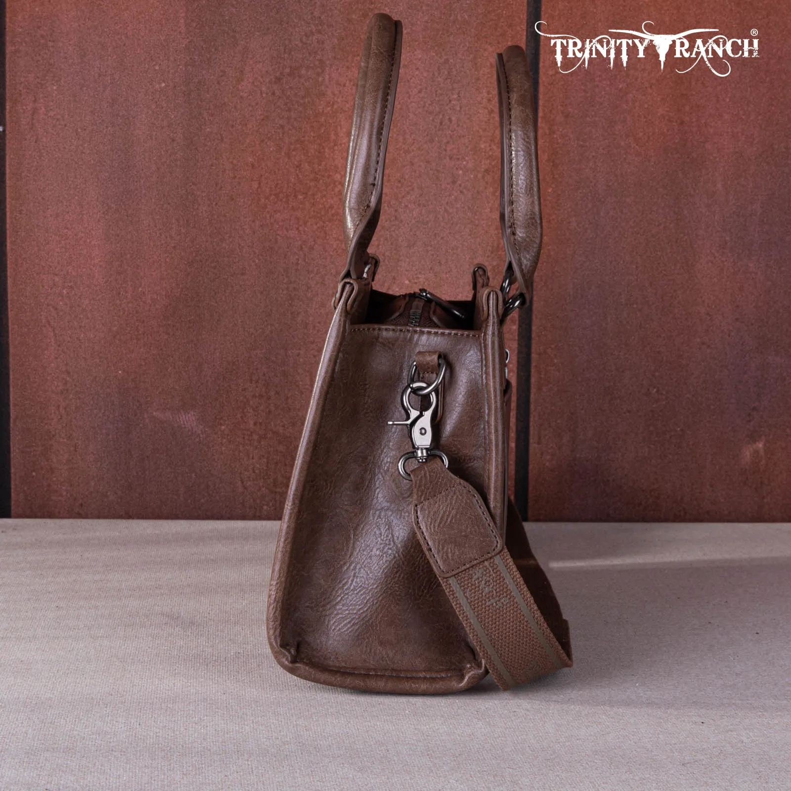 TR164-8250  Trinity Ranch Hair On Cowhide Tooling Concealed Carry Tote/Crossbody