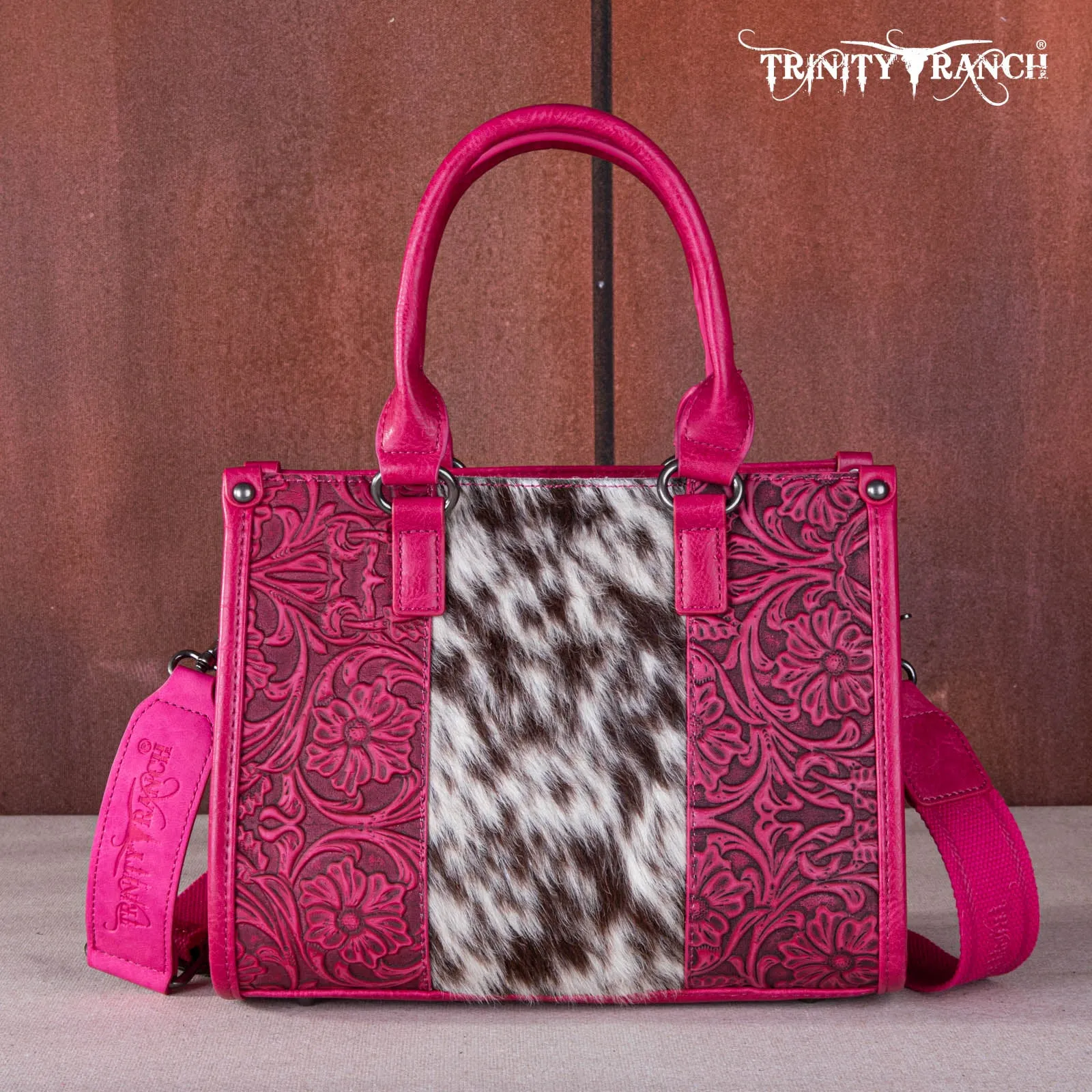 TR164-8250  Trinity Ranch Hair On Cowhide Tooling Concealed Carry Tote/Crossbody