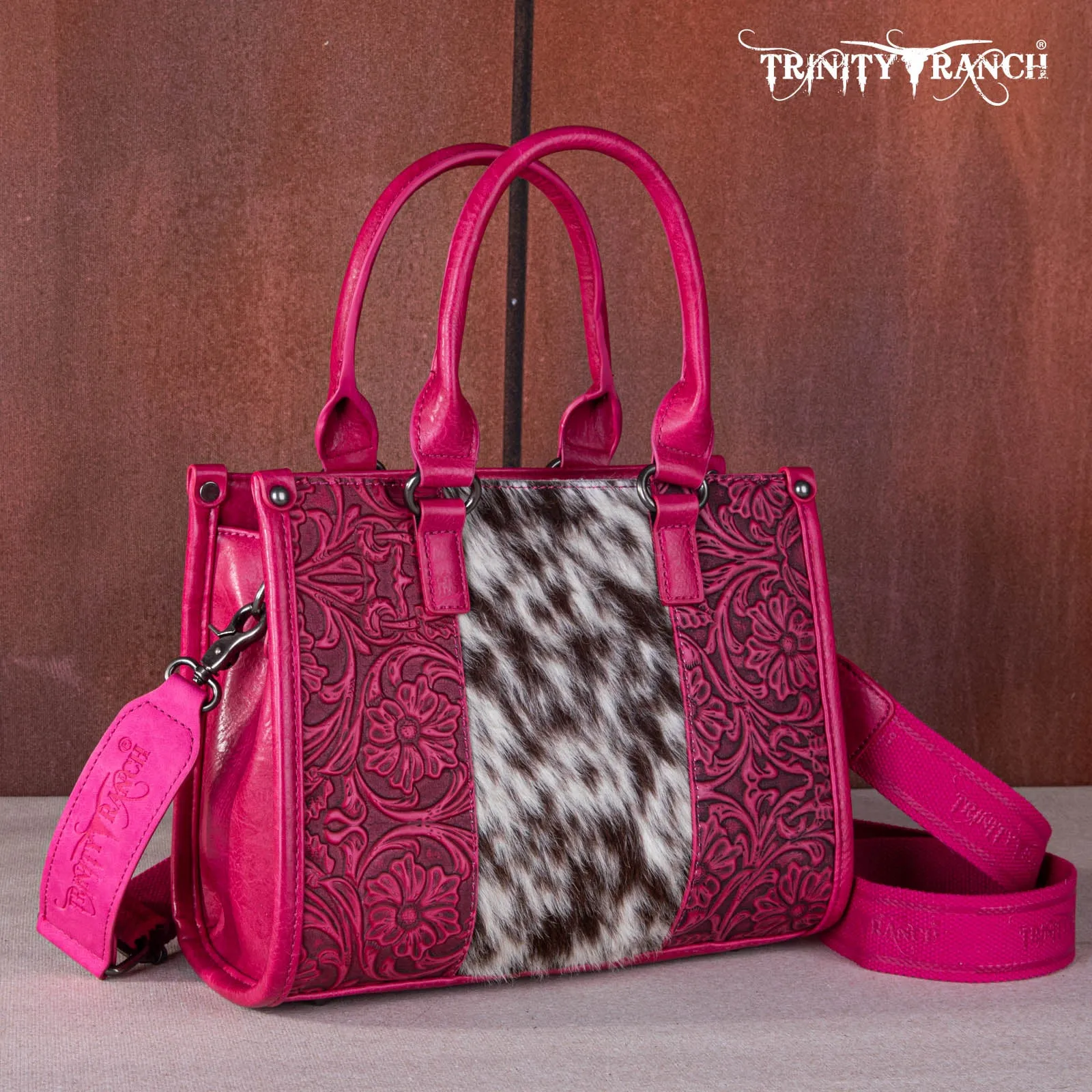 TR164-8250  Trinity Ranch Hair On Cowhide Tooling Concealed Carry Tote/Crossbody