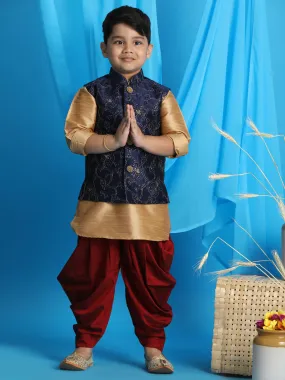 Vastramay Boy's Navy Blue Embroidered Nehru Jacket With Rose Gold Kurta And Maroon Dhoti Set