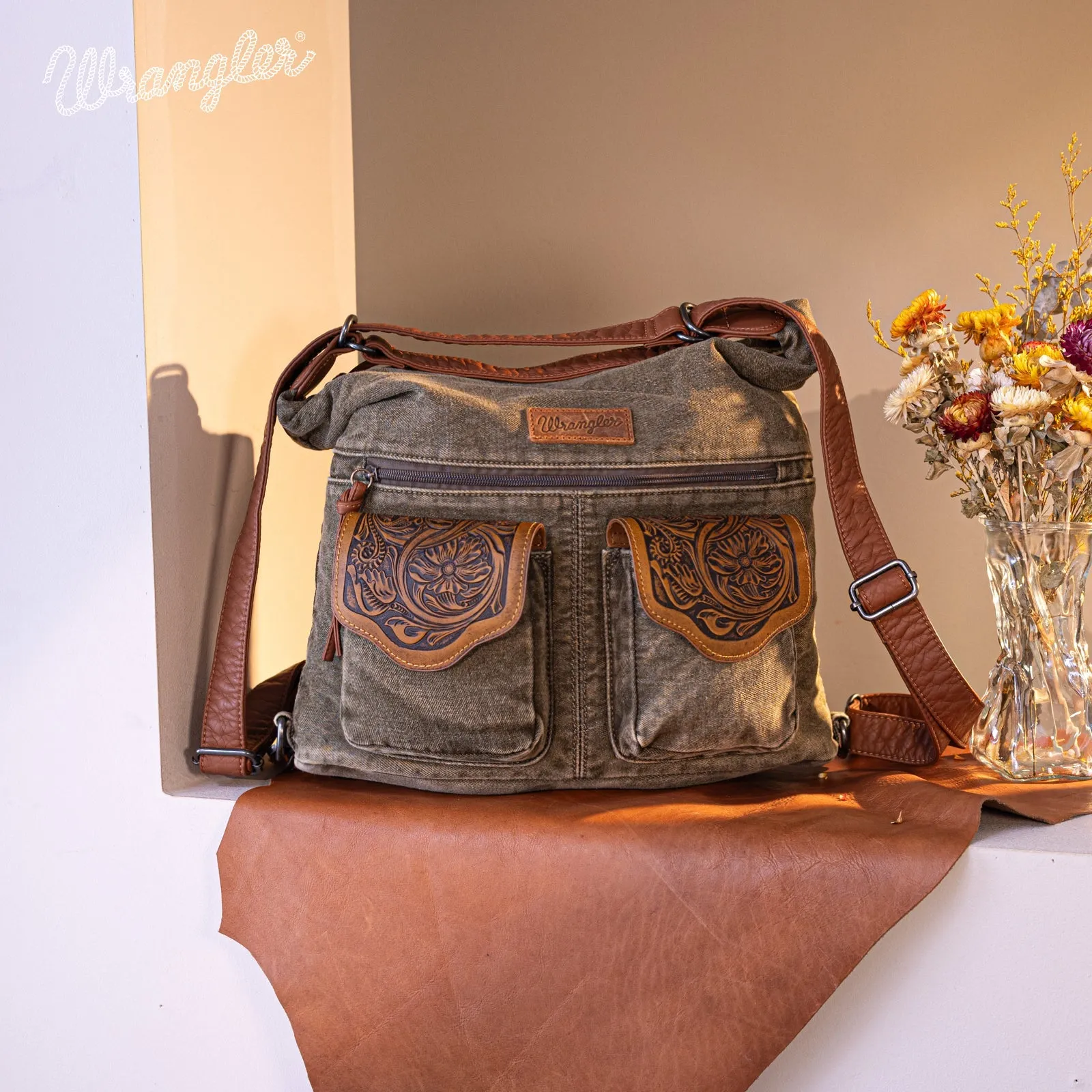 WG103-2008  Wrangler Floral Tooled Denim Hobo/Crossbody Backpack (Convertible ) Olive