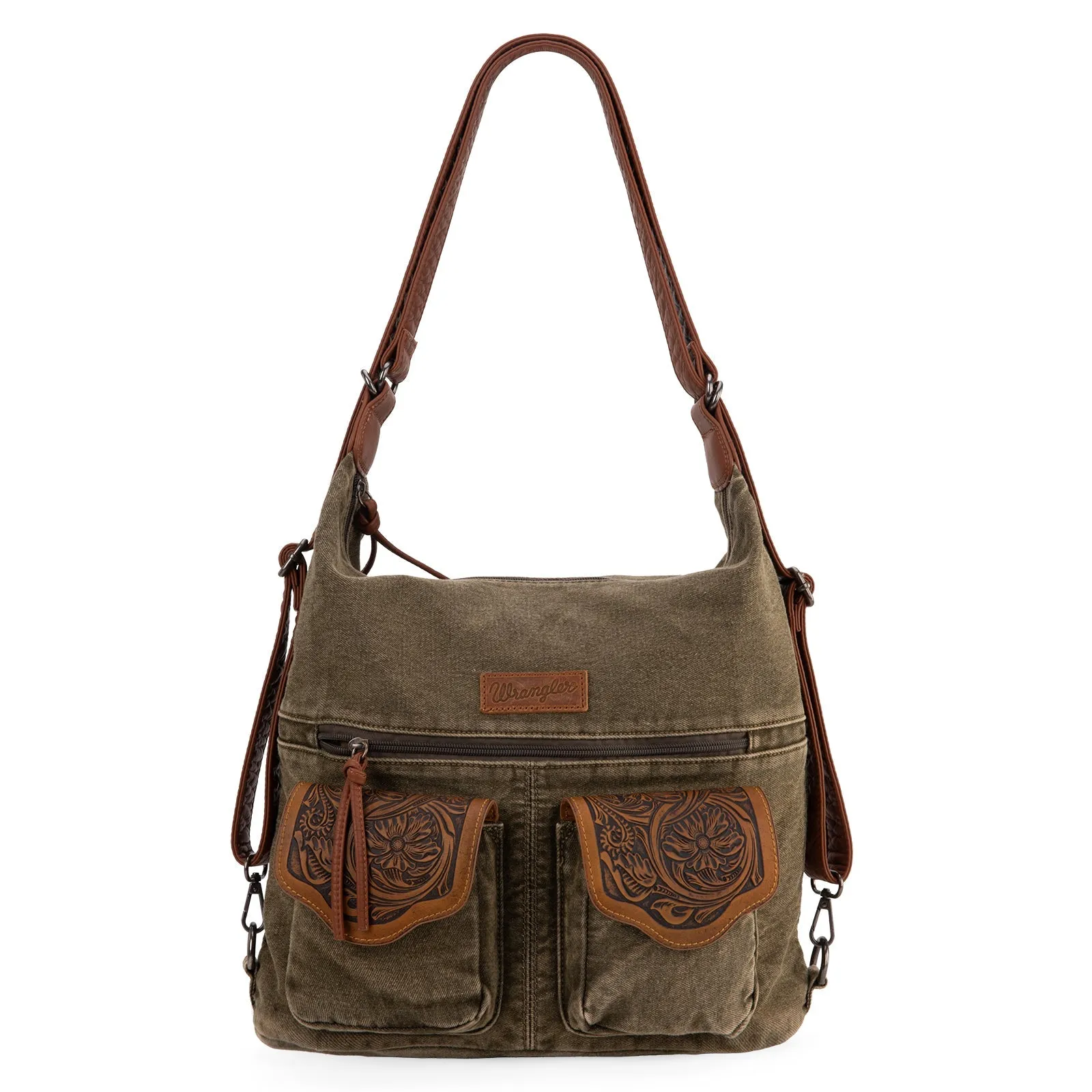 WG103-2008  Wrangler Floral Tooled Denim Hobo/Crossbody Backpack (Convertible ) Olive