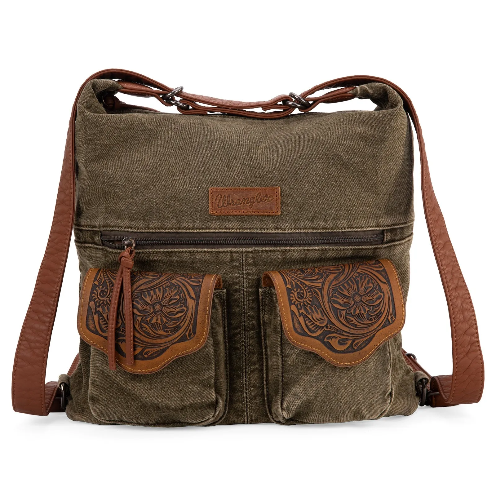 WG103-2008  Wrangler Floral Tooled Denim Hobo/Crossbody Backpack (Convertible ) Olive