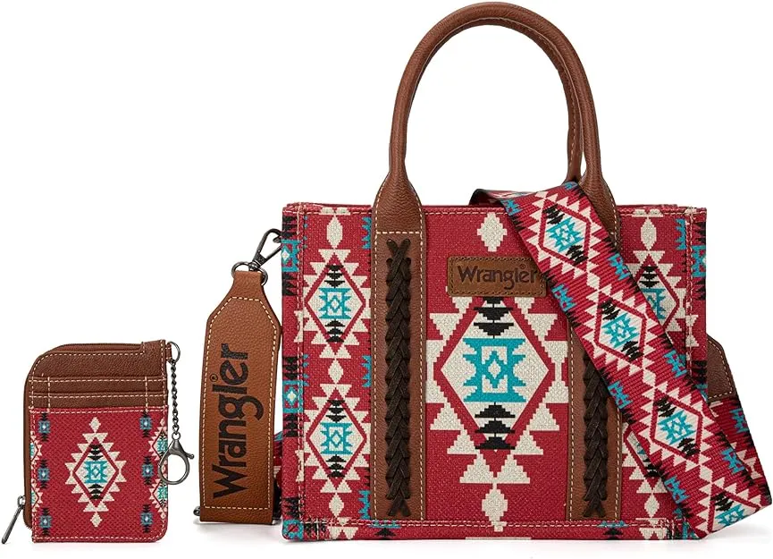 WG2203-8120SW  Wrangler Aztec Small Tote/Crossbody and Card Case Set 2Pc- Burgundy