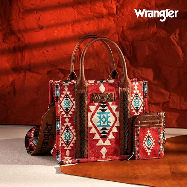 WG2203-8120SW  Wrangler Aztec Small Tote/Crossbody and Card Case Set 2Pc- Burgundy