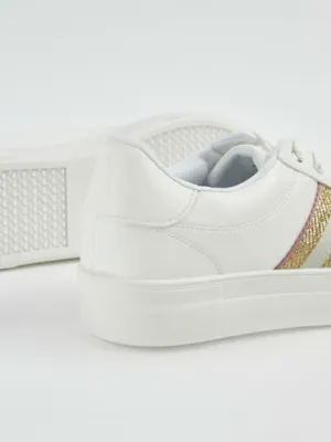 White Shimmer Side Stripe Cupsole Trainers | Women | George at ASDA